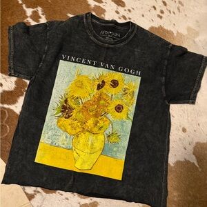 Fifth Sun Black Tee with Yellow Sunflowers Van Gogh Graphic